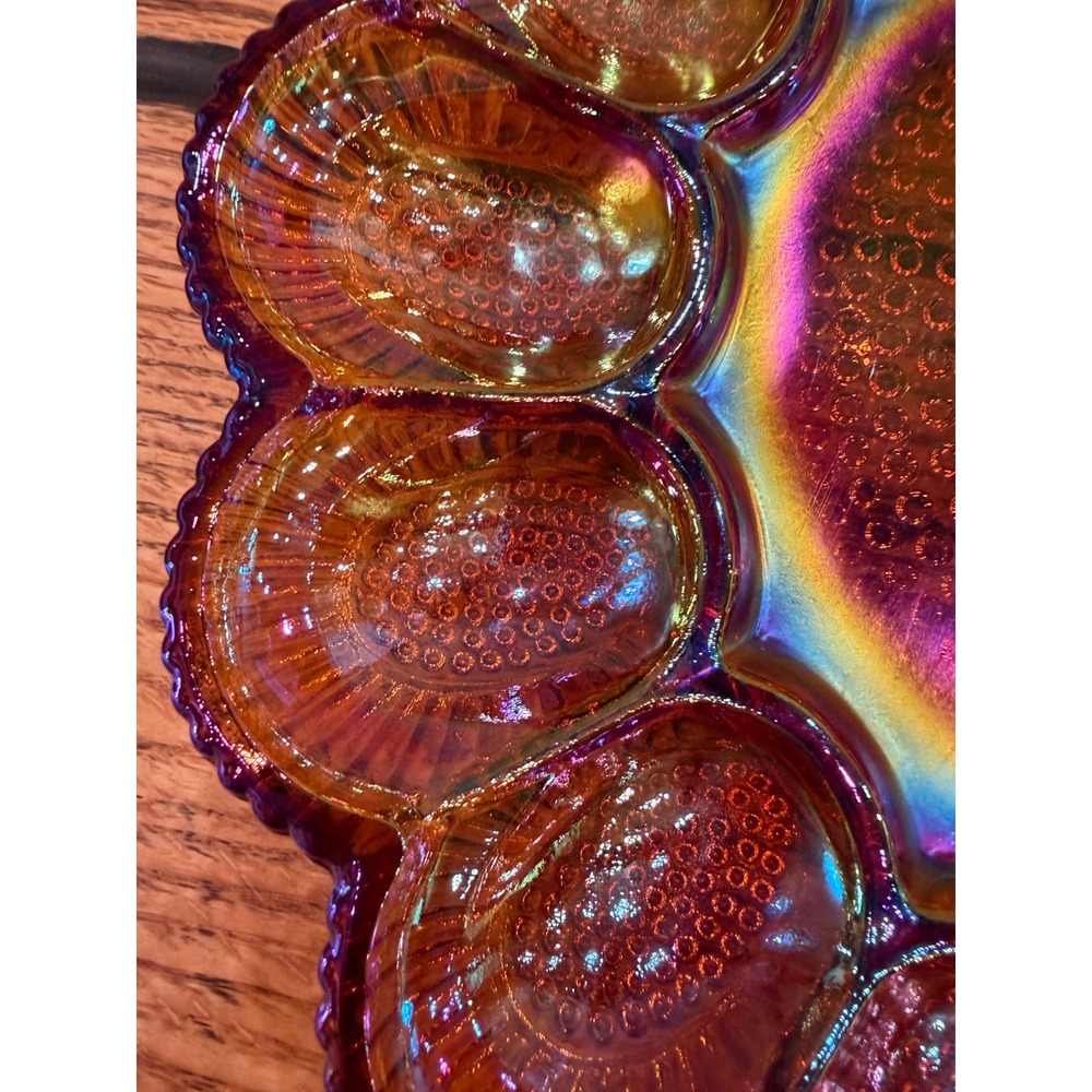 Vintage Indiana Glass amber iridescent carnival glass Hobnail egg plate 11" - Picture 3 of 10